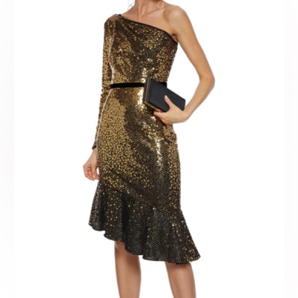 MARCHESA NOTTE MIDI DRESS COCKTAIL ONE SHOULDER SEQUINS BROWN SZ 8